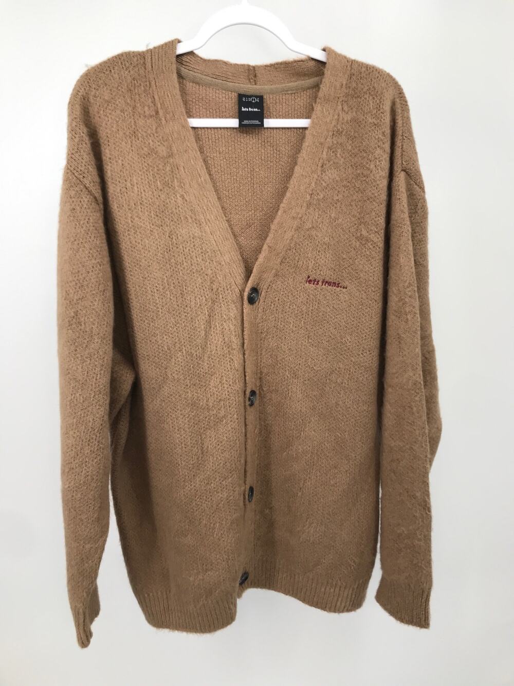 iets frans Tan Fuzzy V-Neck Cardigan Button Down Sweater Mens L